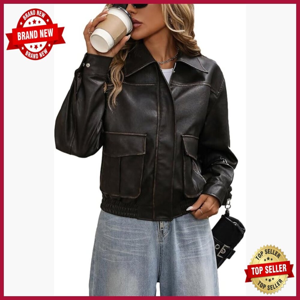 Faux Leather Bomber Jacket Distressed Button Front Aviator Biker Coat
